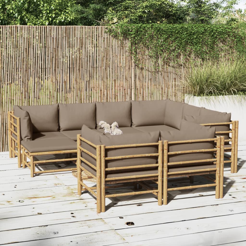 vidaXL Set de muebles de jardín 10 piezas bambú y cojines gris taupé