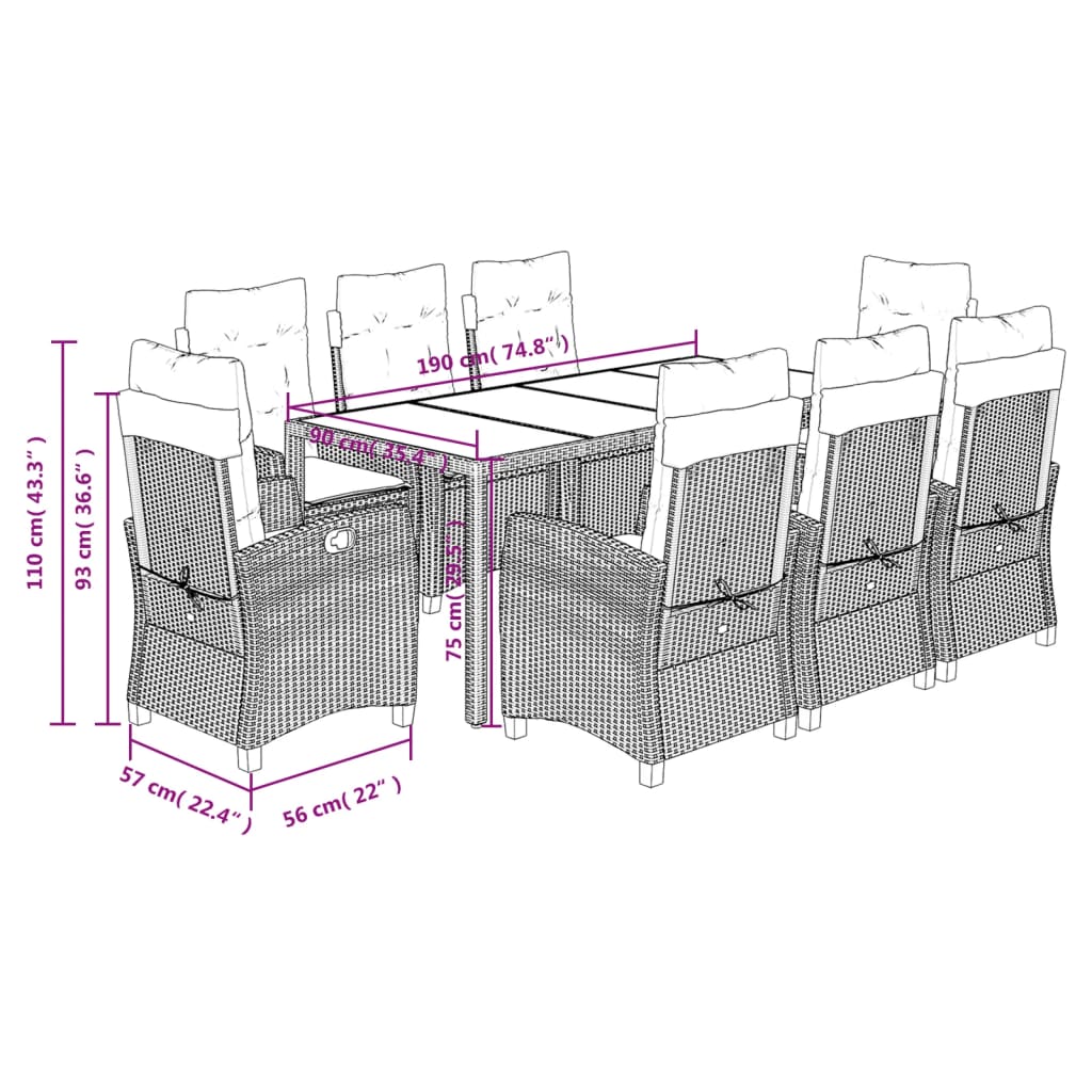 vidaXL Set comedor jardín 9 pzas y cojines ratán sintético gris